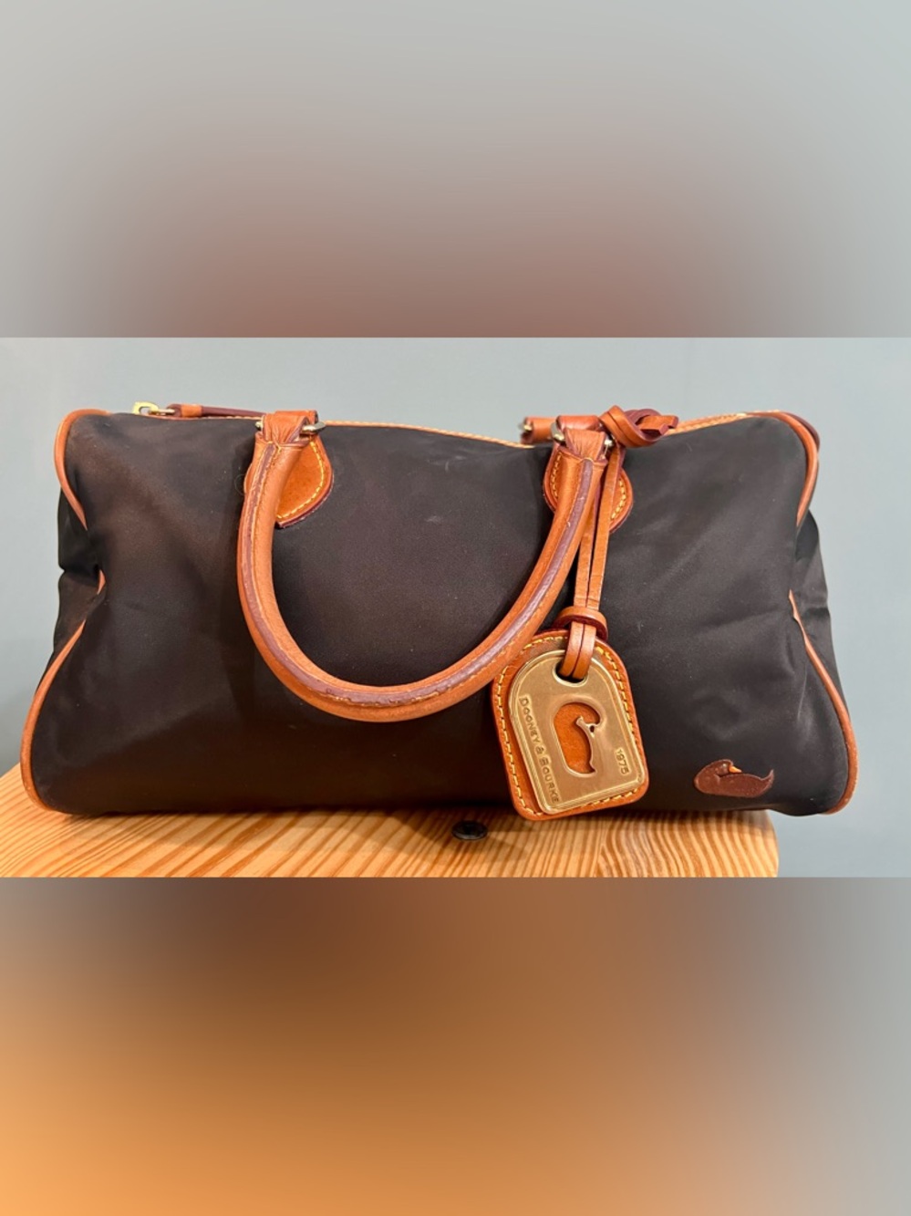 Dooney & Bourke Black Nylon Handbag with Cognac Leather Trim